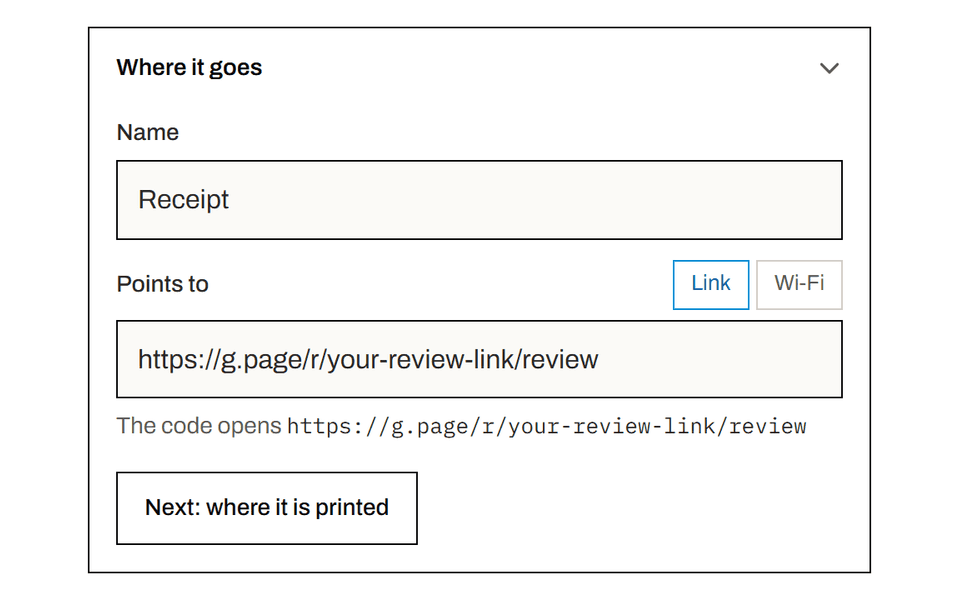 Formularul de creare din QR Steady, cu numele Receipt și un link de recenzie Google lipit la Points to.