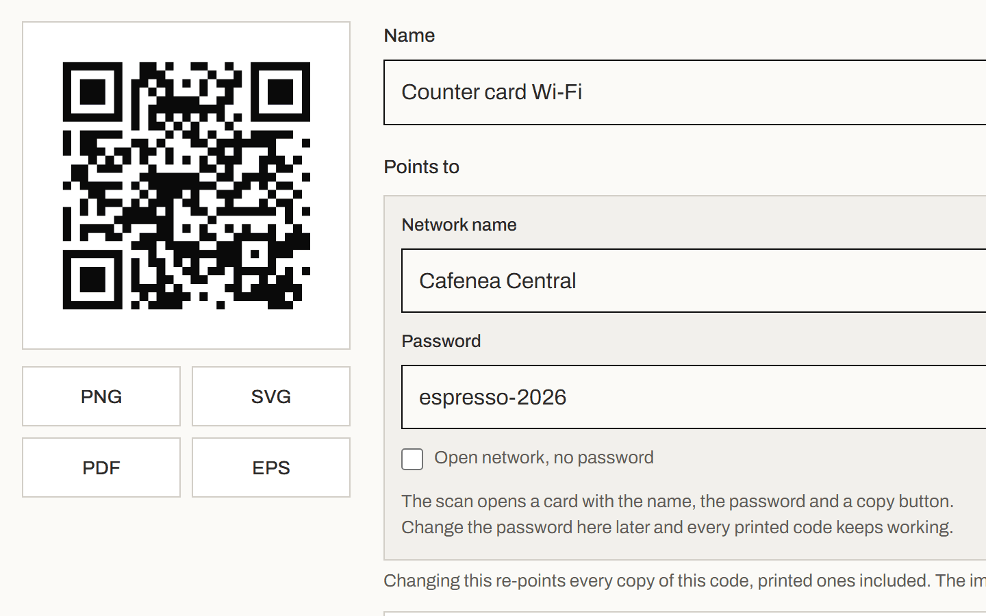 Pagina codului nou, cu imaginea QR și butoanele de descărcare sub ea.