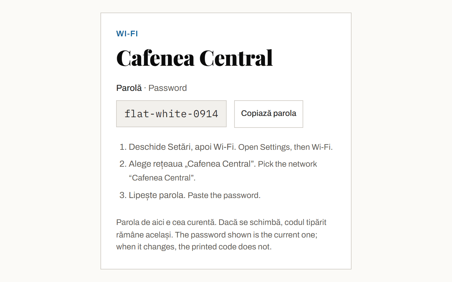 Cardul Wi-Fi al clientului, cu numele rețelei, parola nouă și butonul de copiere.