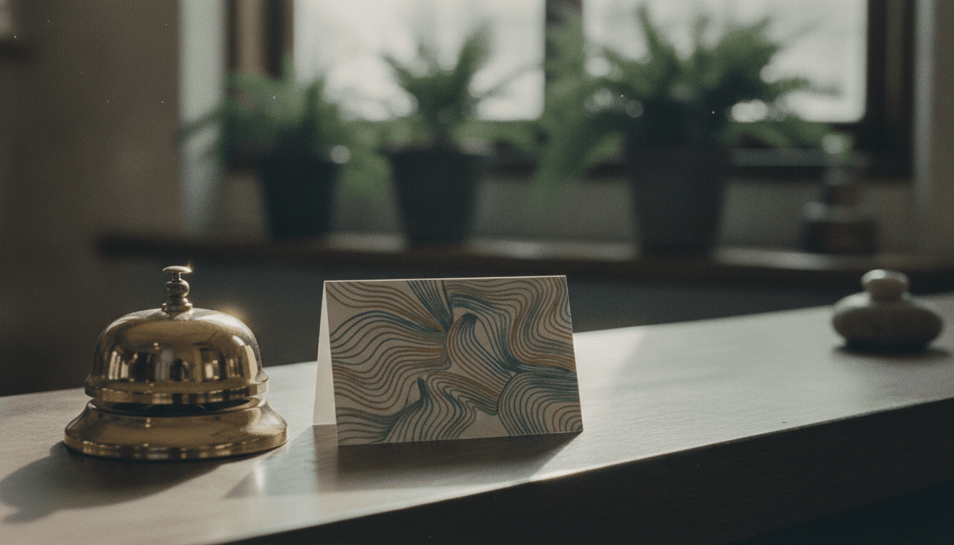 A hotel reception desk with a small printed card next to a bell, all captured with natural light and shallow depth of field.