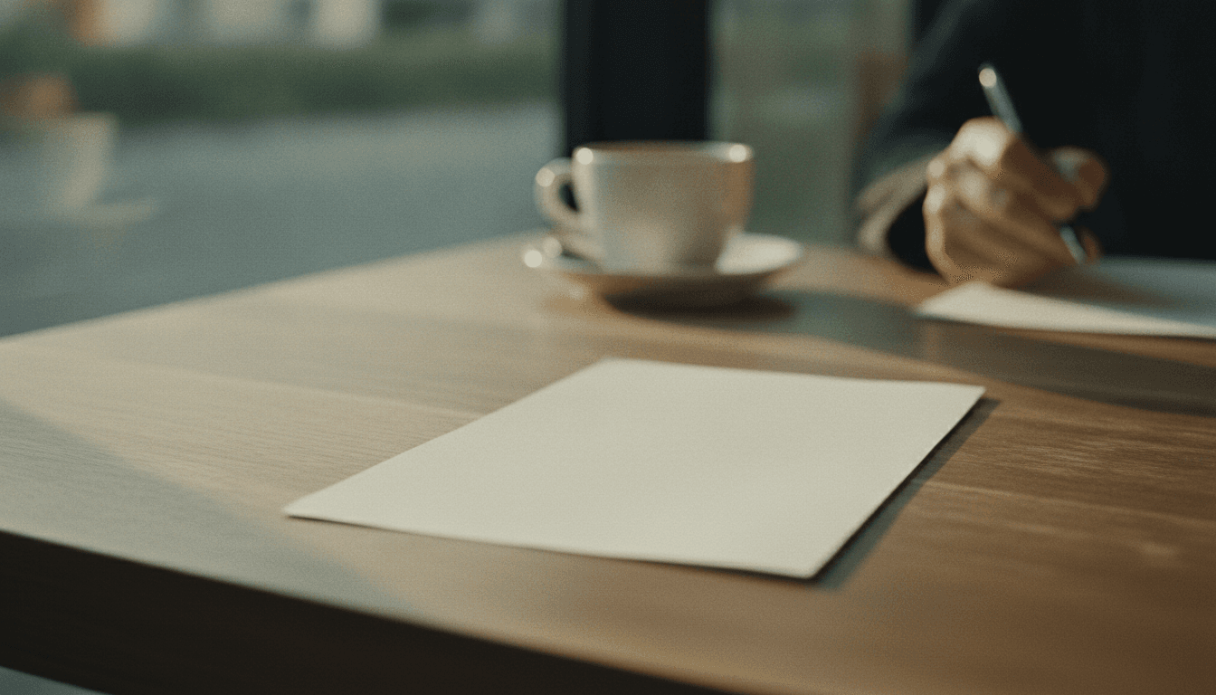 A blank flyer lies on a wooden cafe table, illuminated by morning light, with a blurred coffee cup in the background.