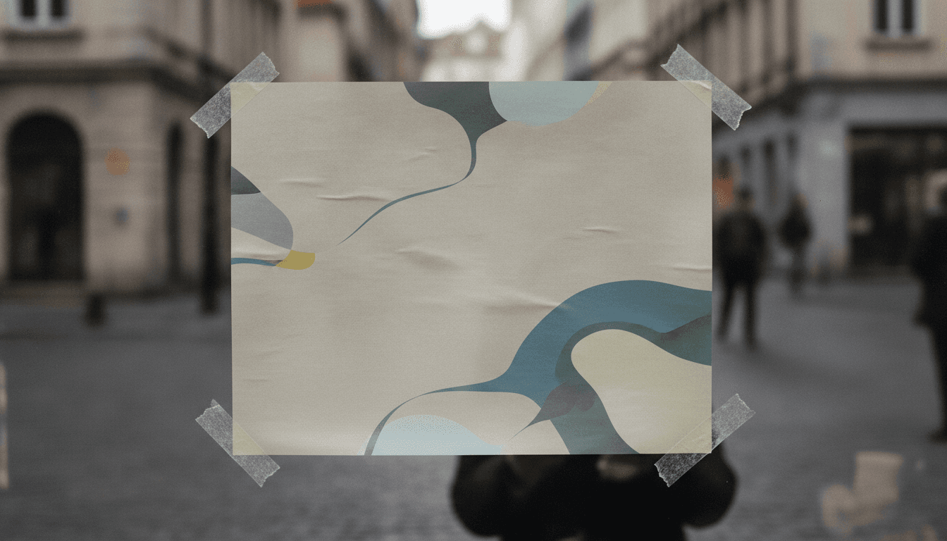 A close-up shot of a poster taped to the inside of a shop window, with blurred reflections of the street visible on the glass.